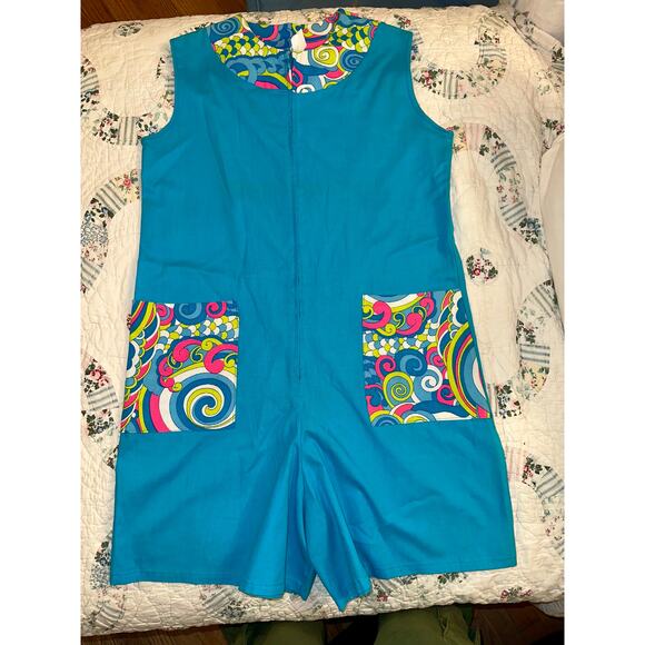 VINTAGE 60's TURQUOISE PSYCHEDELIC PRINT MOD COTTON ROMPER PLAYSUIT BEACHWEAR S - Picture 1 of 10